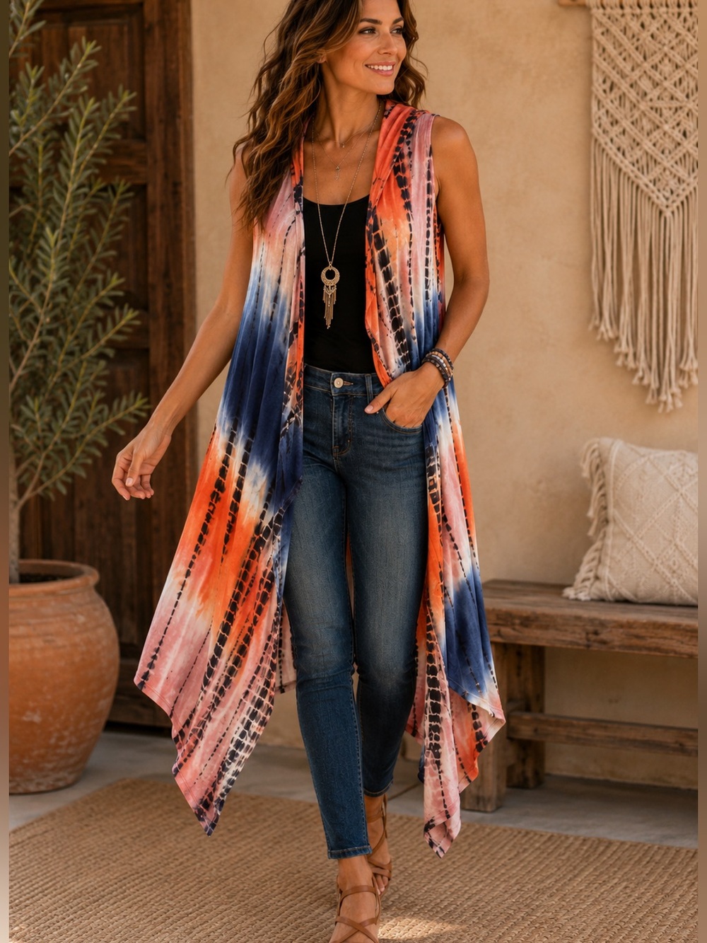 Coin 1804 Tie Dye Hooded Duster Cardigan Boho Festival Layering Kimono Medium